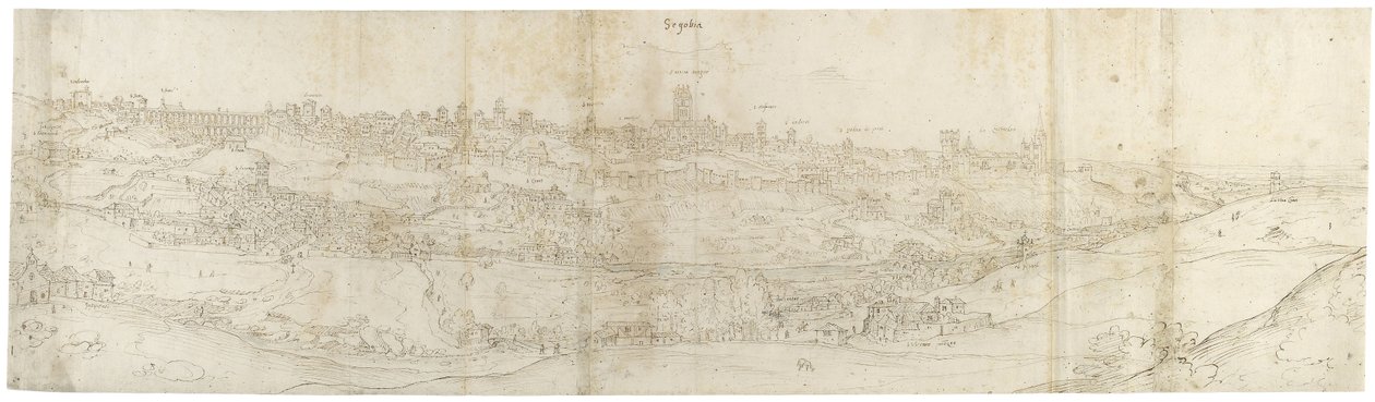 Panoramautsikt over Segovia fra øst (penn og brunt blekk med innslag av blått vask over svart kritt) av Anthonis van den Wyngaerde