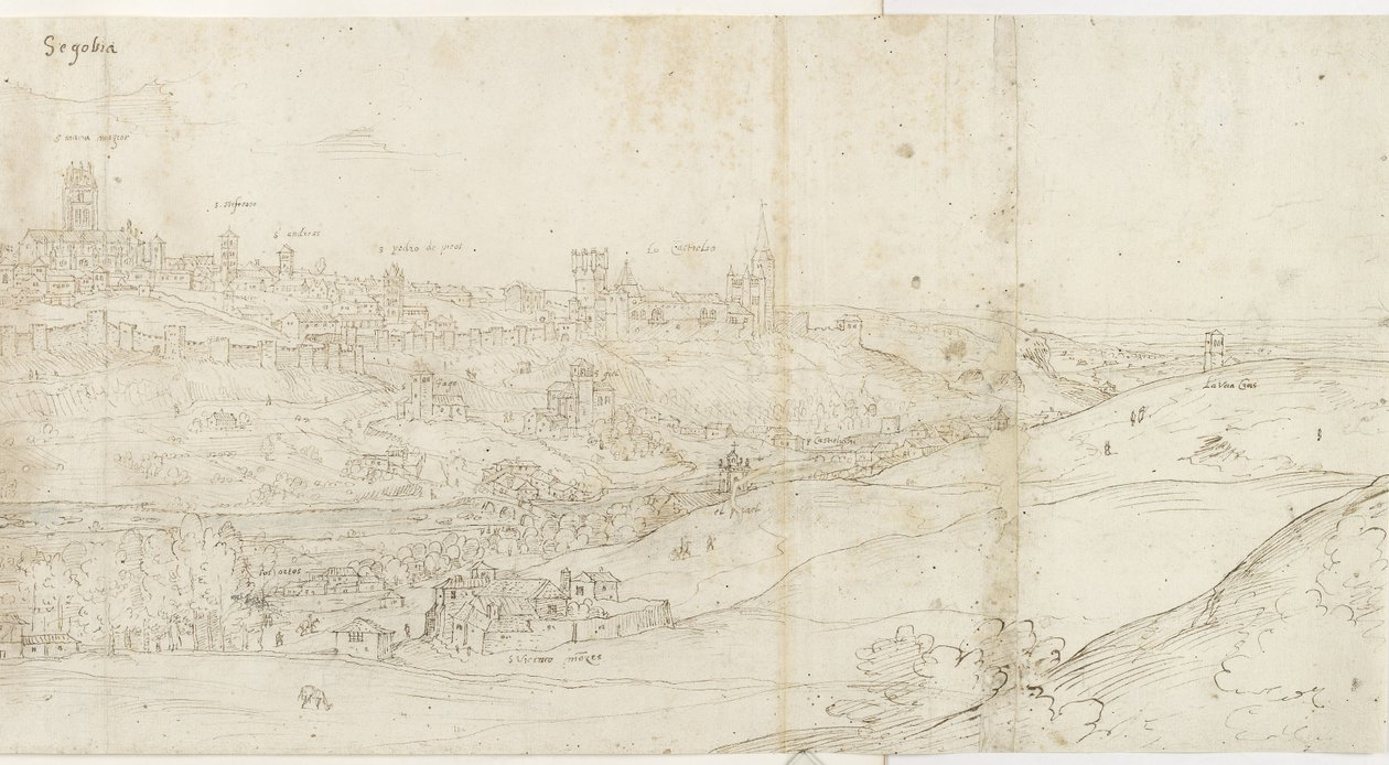 Panoramautsikt over Segovia fra øst (penn og brunt blekk med innslag av blått vask over svart kritt) av Anthonis van den Wyngaerde