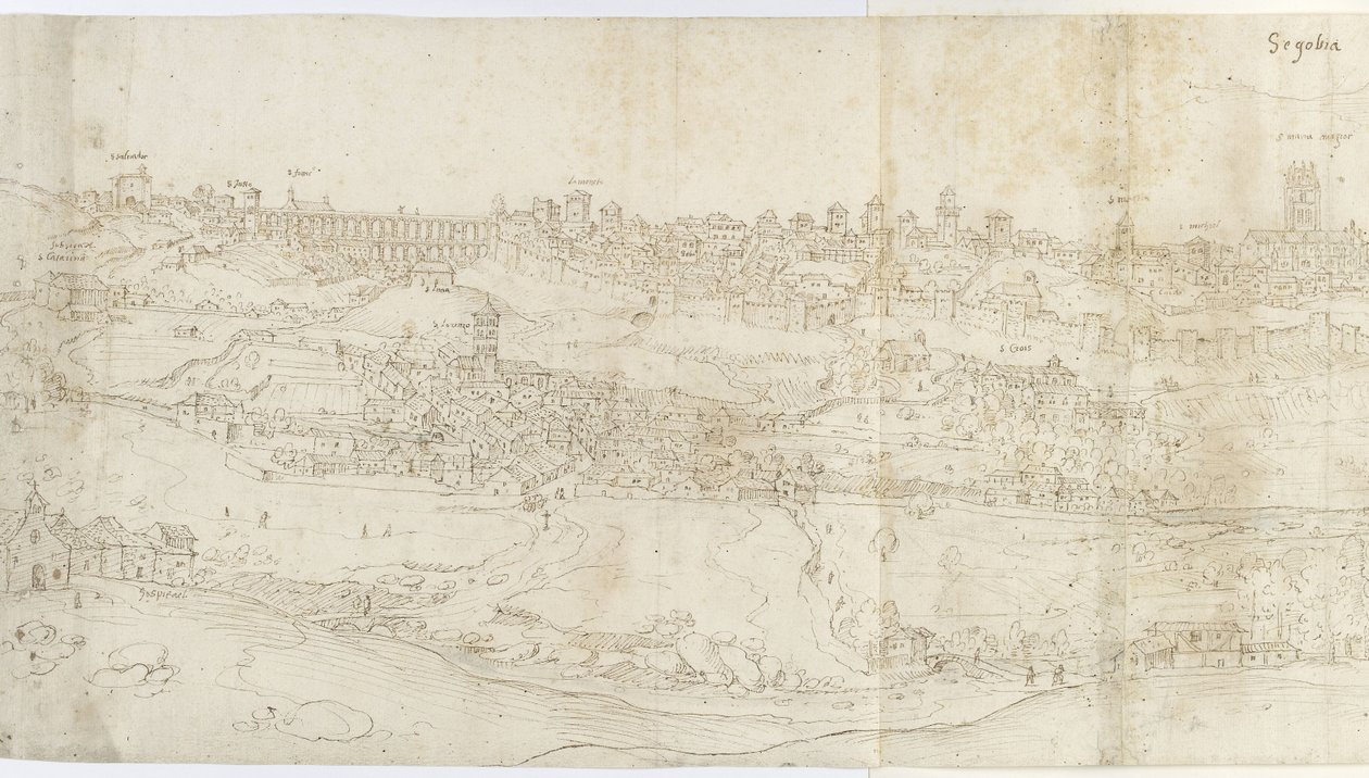 Panoramautsikt over Segovia fra øst (penn og brunt blekk med innslag av blått vask over svart kritt) av Anthonis van den Wyngaerde