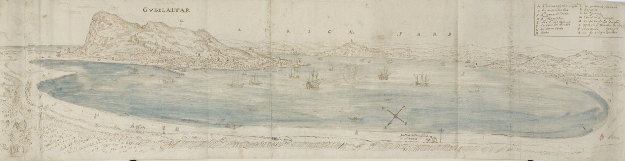 Panoramautsikt over Gibraltarbukten med utsikt mot byen og den afrikanske kysten bortenfor (penn og brunt blekk med blå vask over svart kritt) av Anthonis van den Wyngaerde