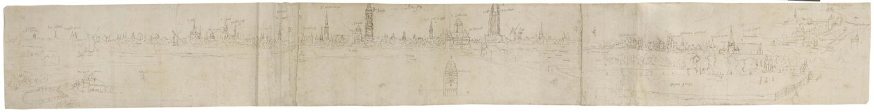 Recto: Foreløpig skisse for en utsikt over Brugge fra sørvest, 1558 (penn og brunt blekk over spor av svart kritt) av Anthonis van den Wyngaerde