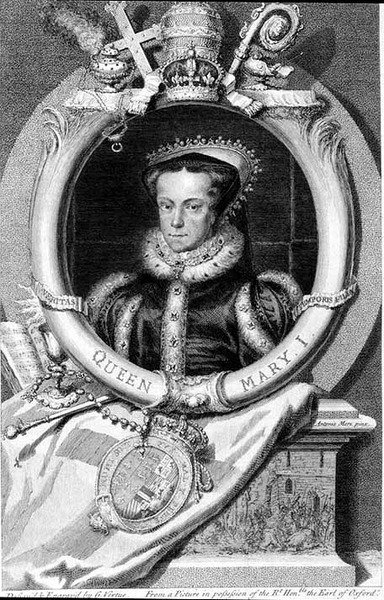 Mary I (1516-58) Dronning av England fra 1553, gravert av George Vertue (1684-1756) (gravering) av after Anthonis Mor van Dashorst