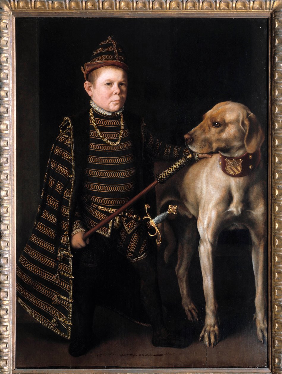 Portrett av dvergen til kardinal Granvelle, minister for Charles V-maleri av Anthonis Moor Van Dashorst Anthonis dit Antonio Moro (1517-1575/76). Det 16. århundre. Dim. 1,26x0,92 m. - Potrett av dvergen til kardinal de Granvelle, minister for Charles V. av Anthonis Mor van Dashorst