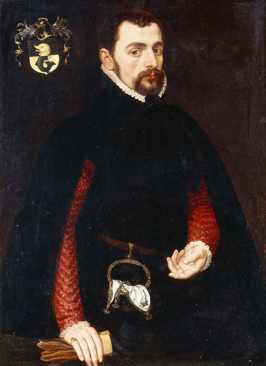 Portrett av en gentleman på 28 år, trekvart lengde, i en svart dublett med røde ermer og en svart kappe, med en veske og et lommetørkle brodert med initialene "K, 1563 av Anthonis van Dashorst Mor