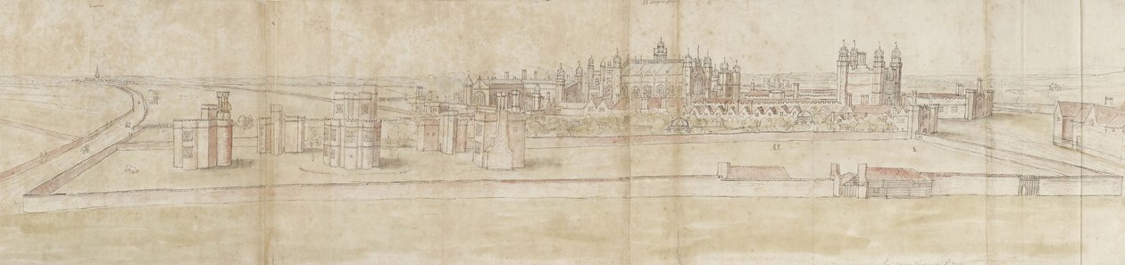 Hampton Court Palace fra nord (penn og brunt blekk og akvarell over svake indikasjoner i svart kritt) av Anthonis van den Wyngaerde