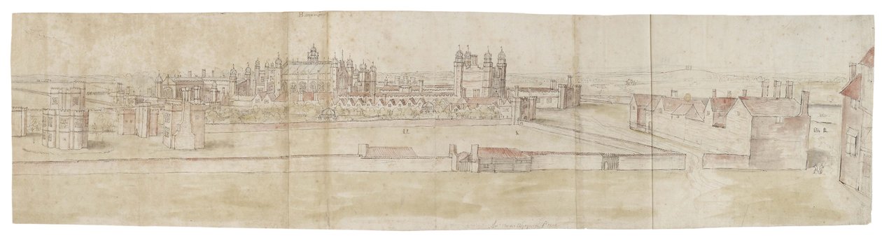 Hampton Court Palace fra nord (penn og brunt blekk og akvarell over svake indikasjoner i svart kritt) av Anthonis van den Wyngaerde
