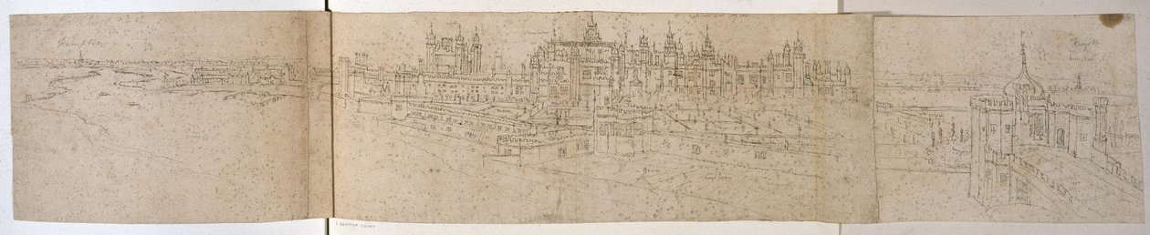 Hampton Court Palace fra elven, ca. 1544 (penn og blekk på papir) av Anthonis van den Wyngaerde
