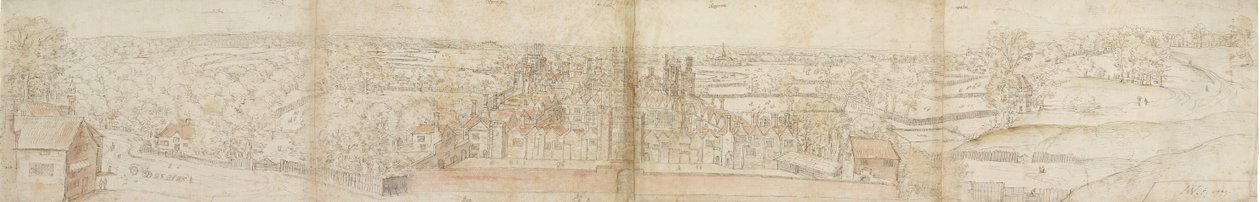 Oatlands Palace fra sør, 1559. Verso: Richmond Palace and Roofs of Oatlands, 1559 av Anthonis van den Wyngaerde