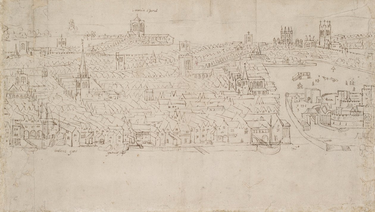 Panorama over London sett fra Southwark: Billingsgate til Tower Wharf, 1554 av Anthonis van den Wyngaerde