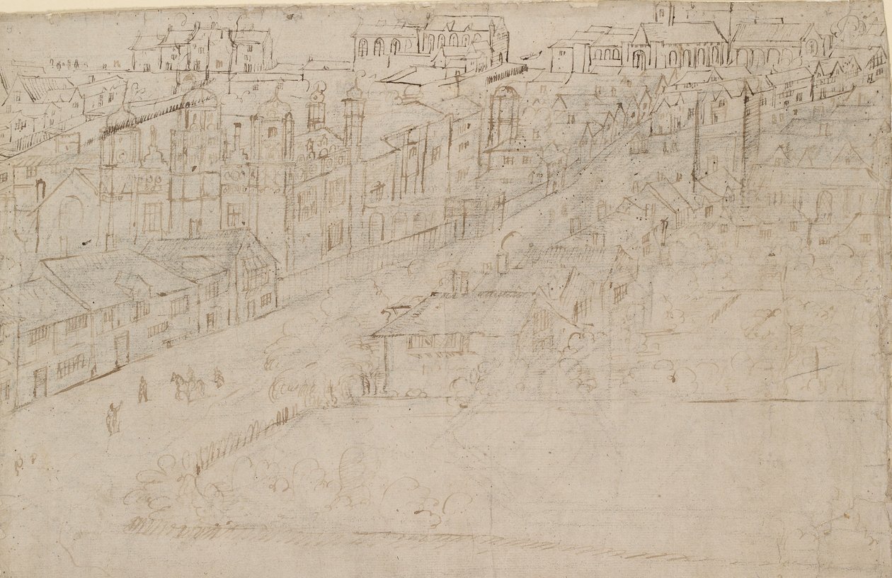 Panorama av London sett fra Southwark: Borough High Street med St Mary Overy, 1554 av Anthonis van den Wyngaerde