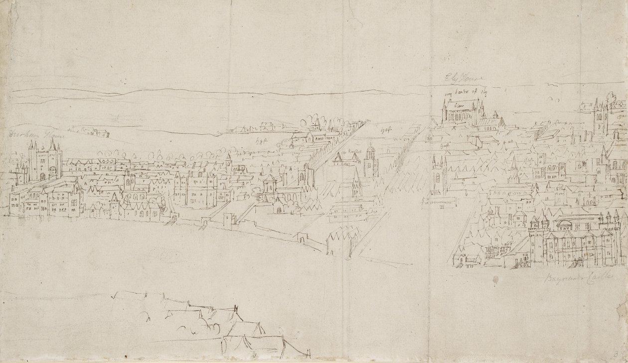 Panorama av London sett fra Southwark: Durham House til Barnards Castle (penn og blekk over svart kritt på papir) av Anthonis van den Wyngaerde