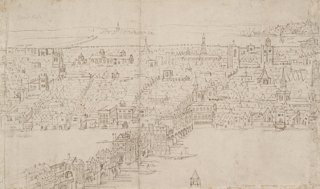 Panorama av London sett fra Southwark: London Bridge, 1554 av Anthonis van den Wyngaerde