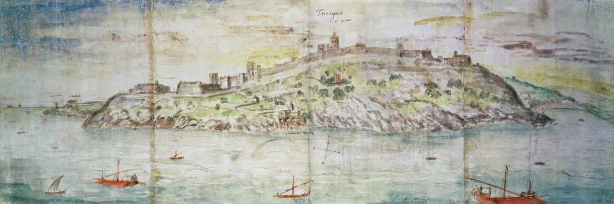 Panoramautsikt over Tarragona, Spania (penn og blekk og wc på papir) av Anthonis van den Wyngaerde