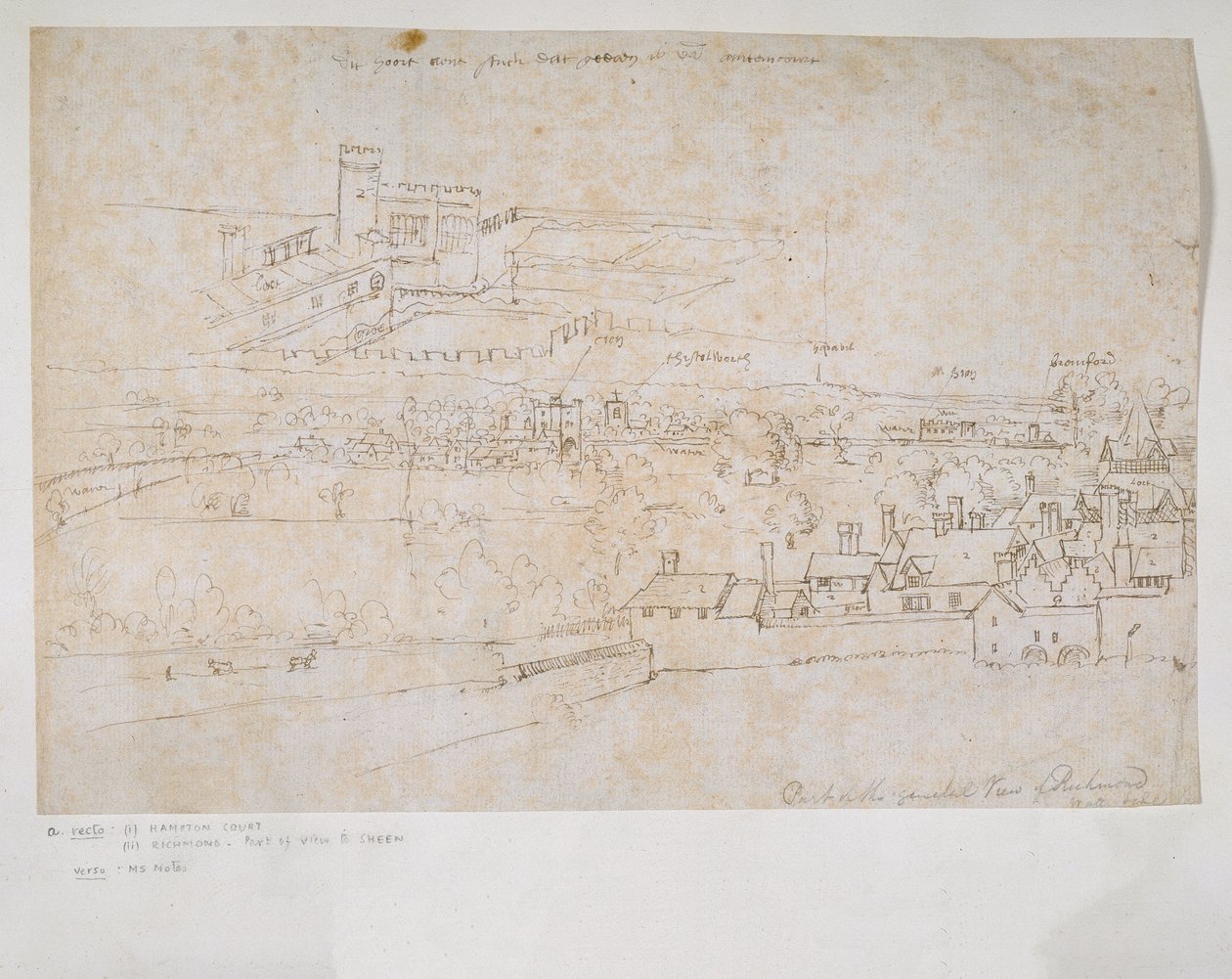 Ark med studier av palassene i Hampton Court og Richmond og omliggende landsbygd av Anthonis van den Wyngaerde