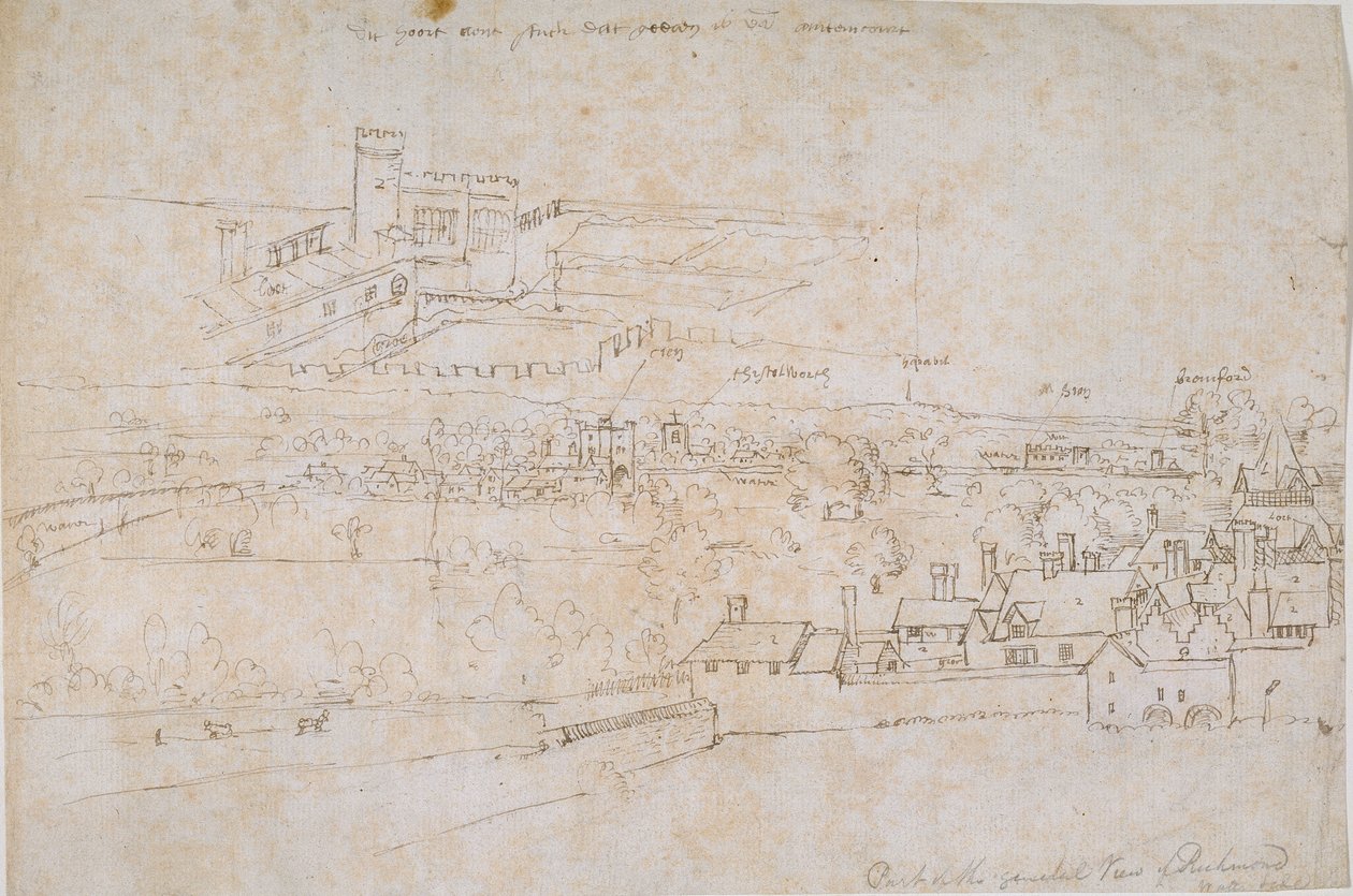 Ark med studier av Palaces of Hampton Court, Richmond og omkringliggende landsbygd, c1560s. av Anthonis van den Wyngaerde