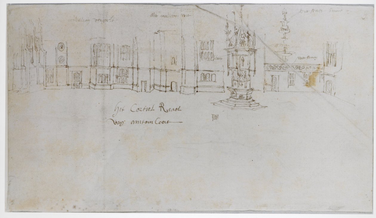 The Fountain Court, Hampton Court Palace, ca. 1544 (penn og blekk og blyant på papir) av Anthonis van den Wyngaerde