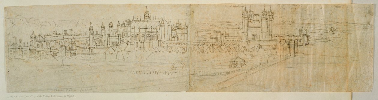 Utsikt over Hampton Court fra nord, fra 'The Panorama of London', ca. 1544 (penn og blekk på papir) av Anthonis van den Wyngaerde