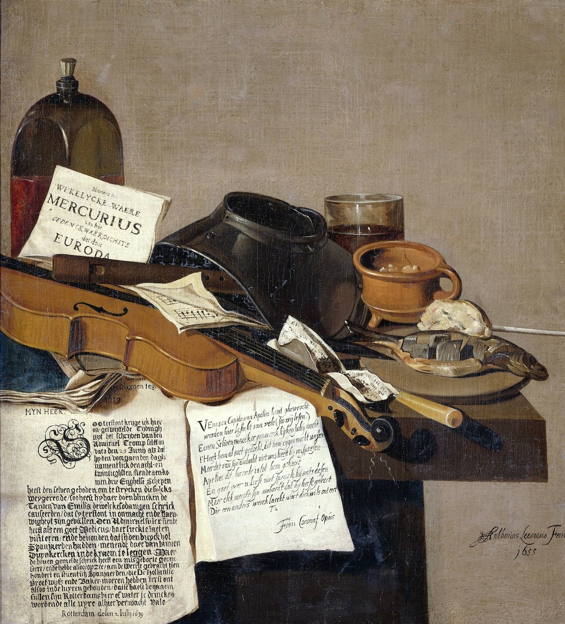 Stilleben med en kopi av De Waere Mercurius, et broadsheet med nyheter om Tromps seier over tre engelske skip 28. juni 1639, og et dikt som forteller historien om Apelles og skomakeren av Anthonius Leemans