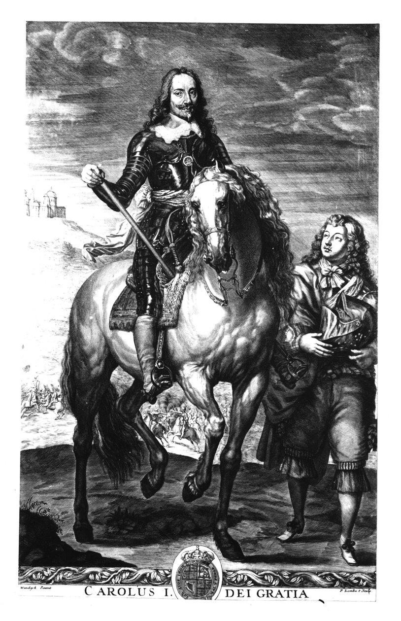 Rytterportrett av Charles I (1600-49), gravert av Pierre Lombart (1612-82) av Anthony van Dyck