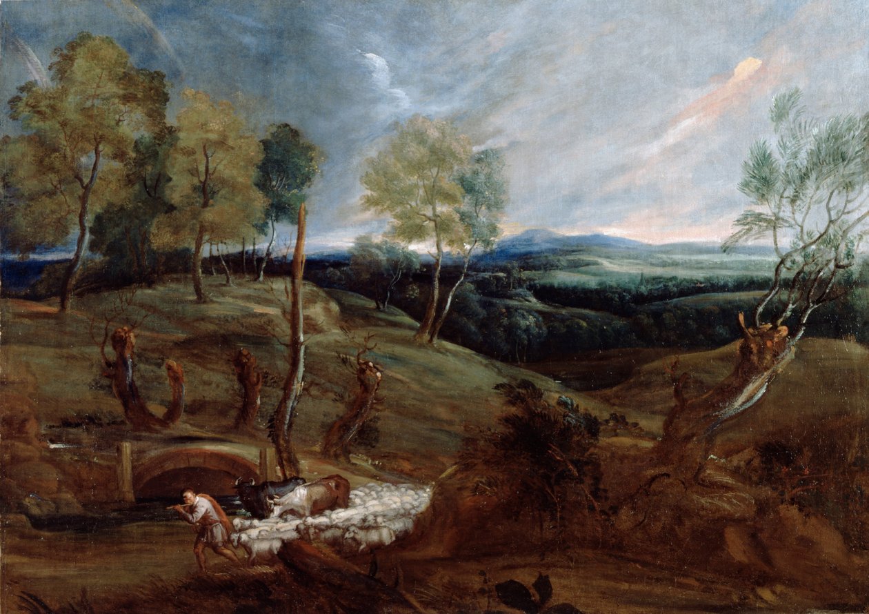 Solnedgangslandskap med en hyrde og flokken hans av Anthony van Dyck