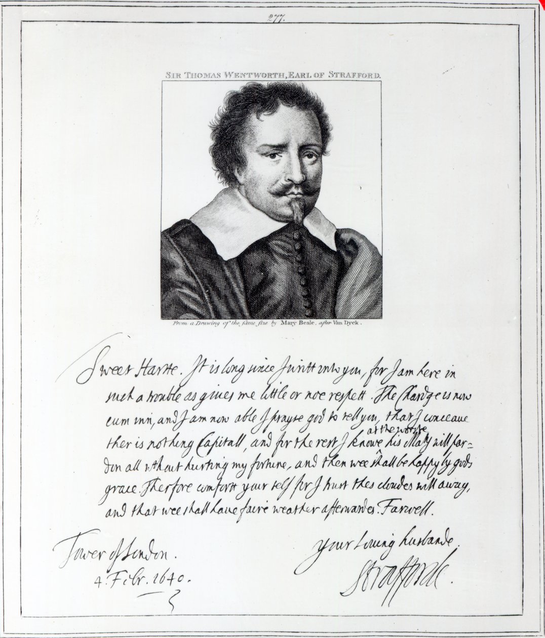 Thomas Wentworth, 1. jarl av Strafford, gravert etter en tegning av Mary Beale, 1793 av Anthony van Dyck