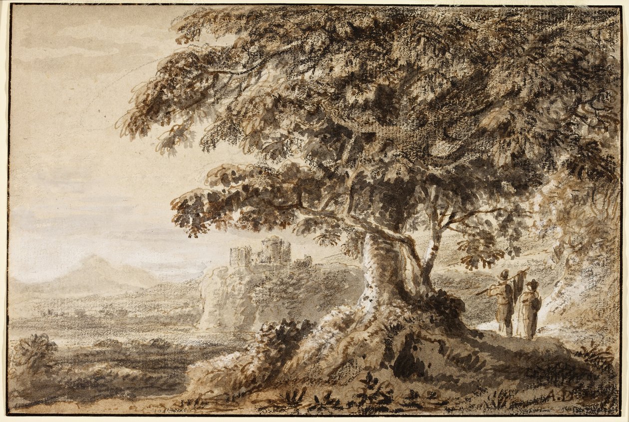 Landskap - steinete forgrunn og to figurer (blekk på papir) av Anthony Devis