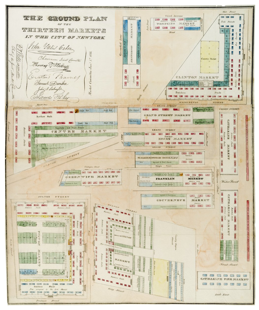 Grunnplan for de tretten markedene i byen New York, 1833 (svart blekk, med fargevask, på papir) av Anthony Imbert