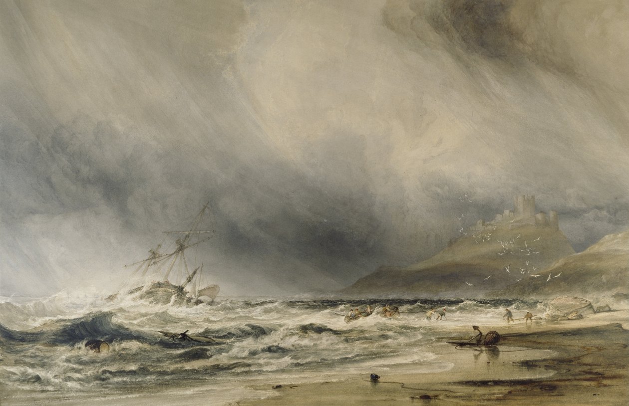 Bamburgh Castle, 1852 (akvarell med innslag av hvit kroppsfarge) av Anthony Vandyke Copley Fielding