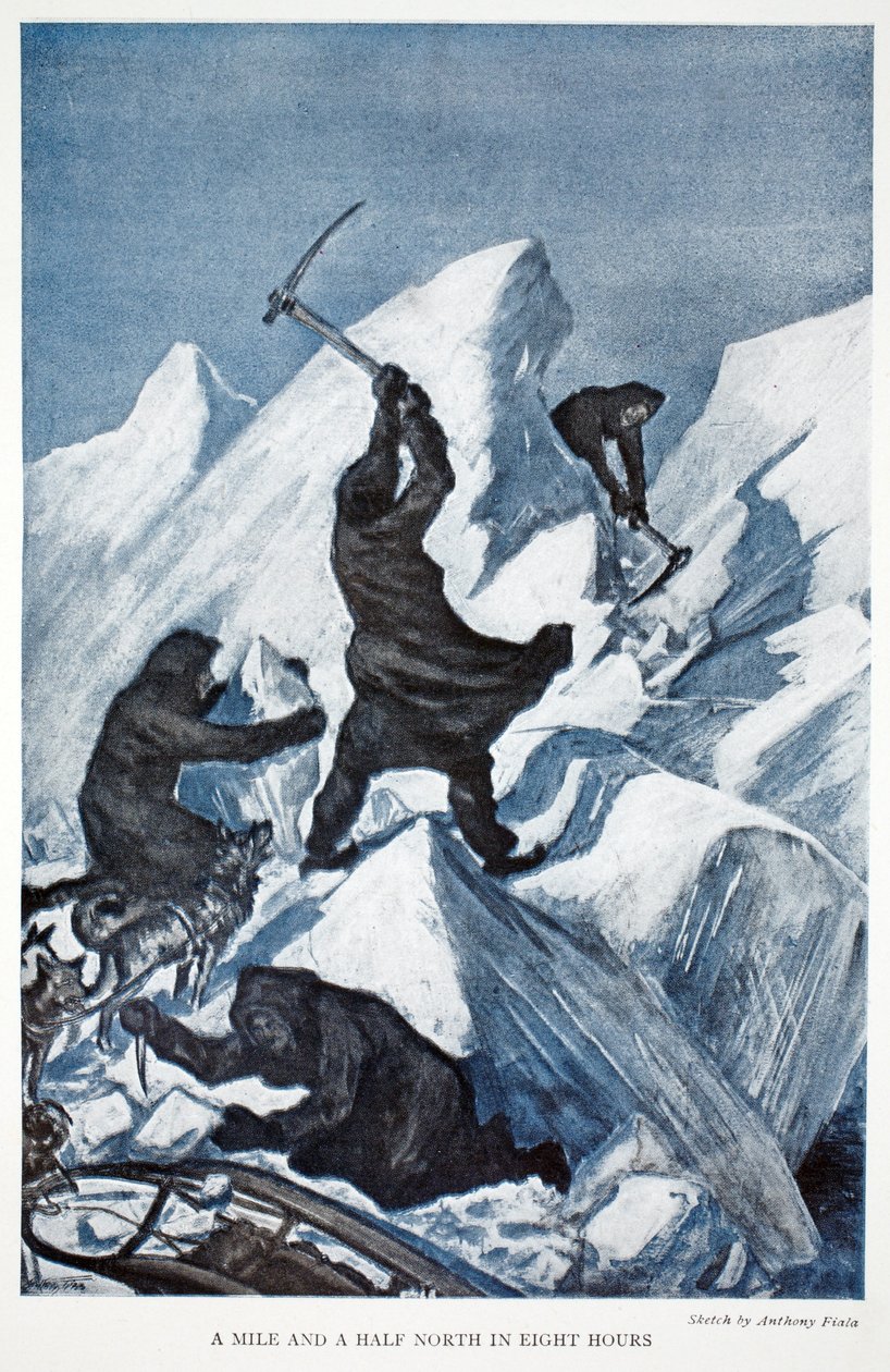 A Mile and a Half North in Eight Hours, pub. London 1907 (farge litho) av Anthony Fiala