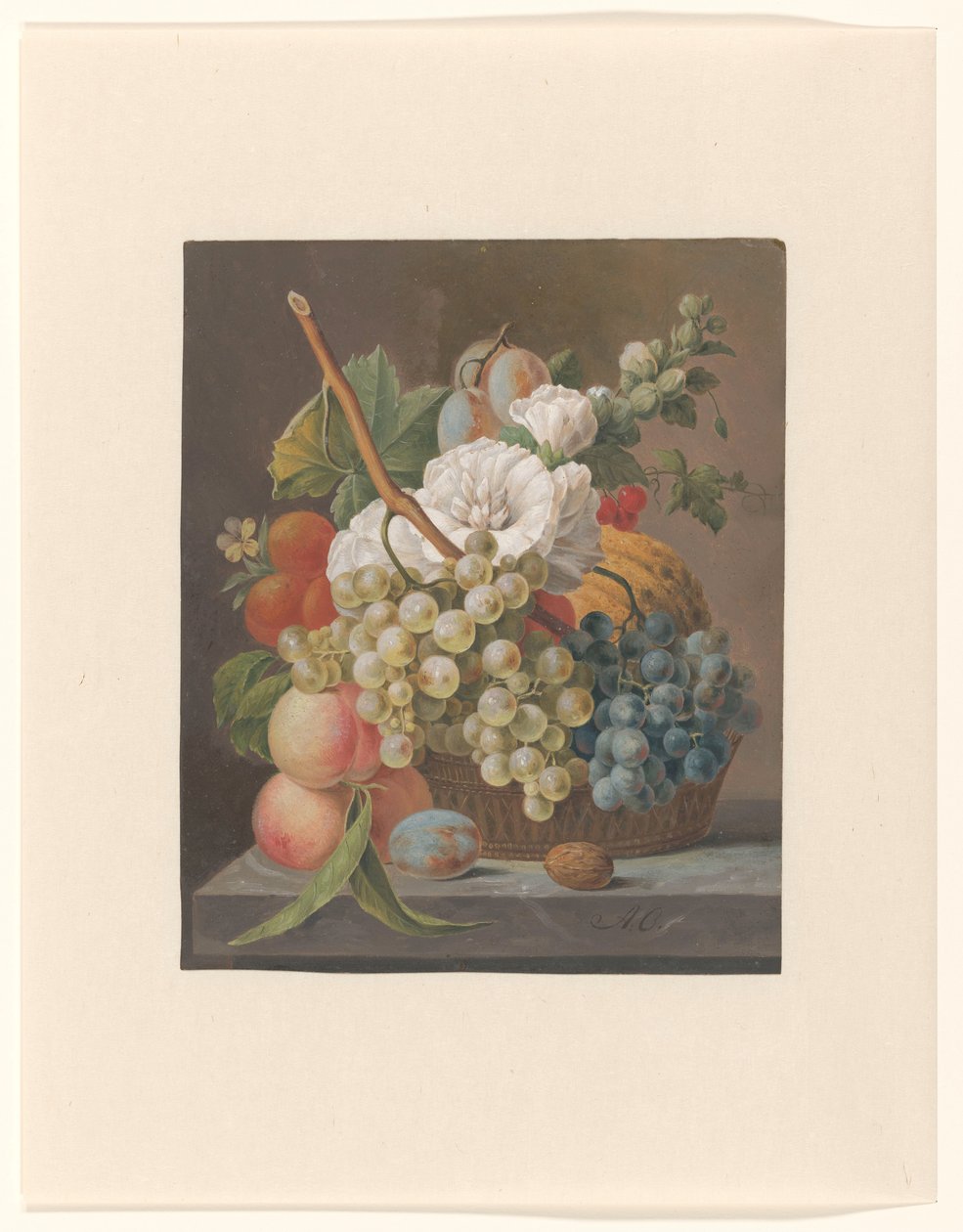 Stilleben med blomster og frukt i en kurv av Anthony Oberman