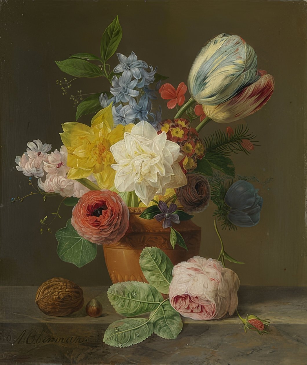 Stilleben med blomster og nøtter. Rundt 1830 av Anthony Oberman