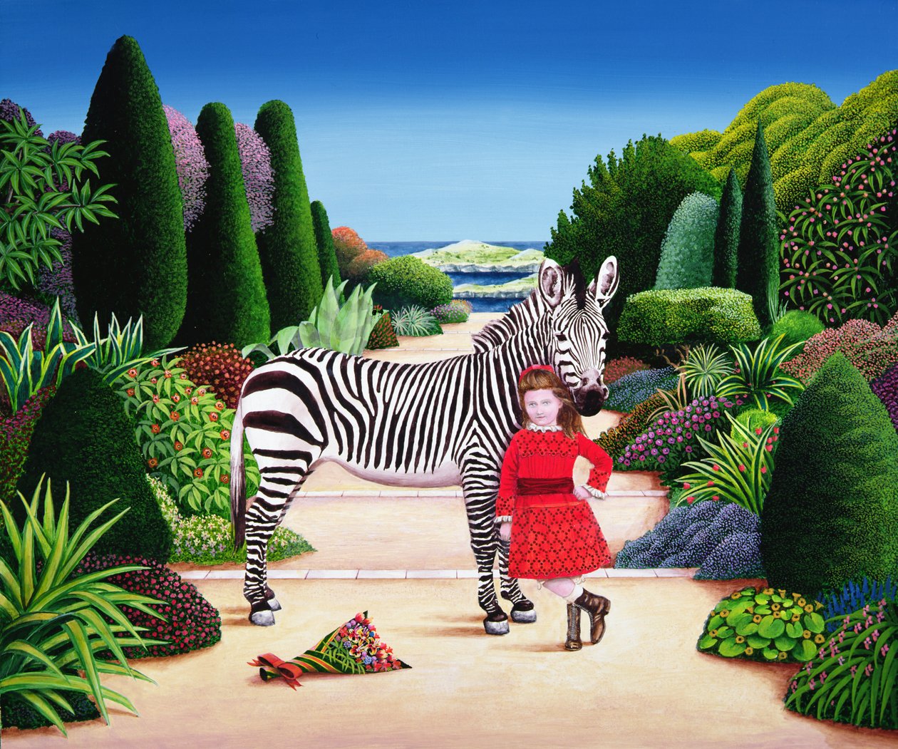 Girl with Zebra, 1984 (akryl om bord) av Anthony Southcombe