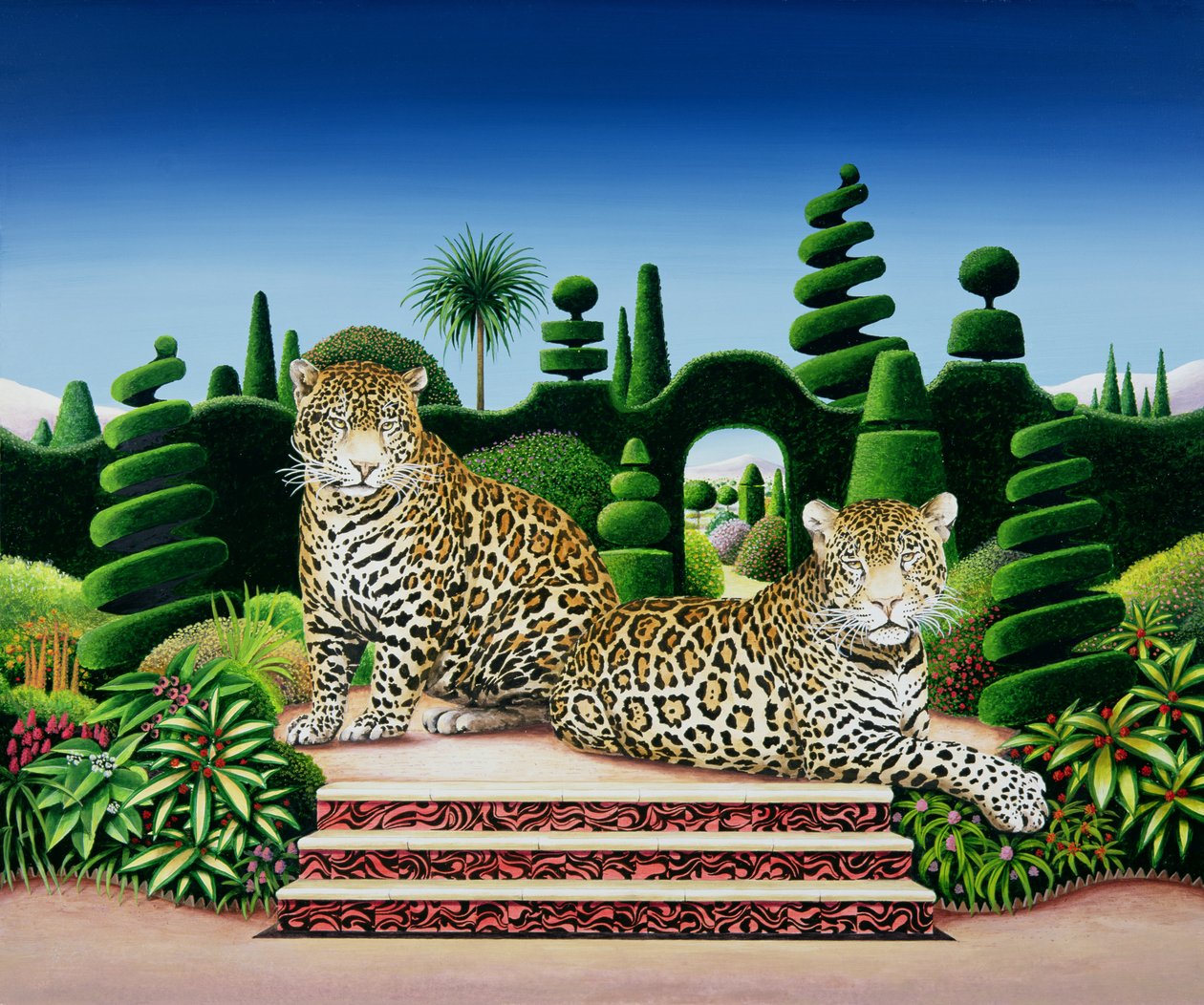 Jaguars in a Garden, 1986 (akryl om bord) av Anthony Southcombe