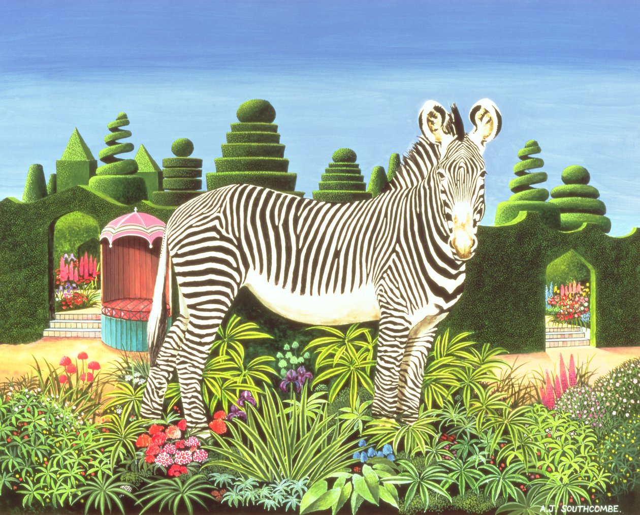 Zebra in a Garden, 1977 (akryl om bord) av Anthony Southcombe