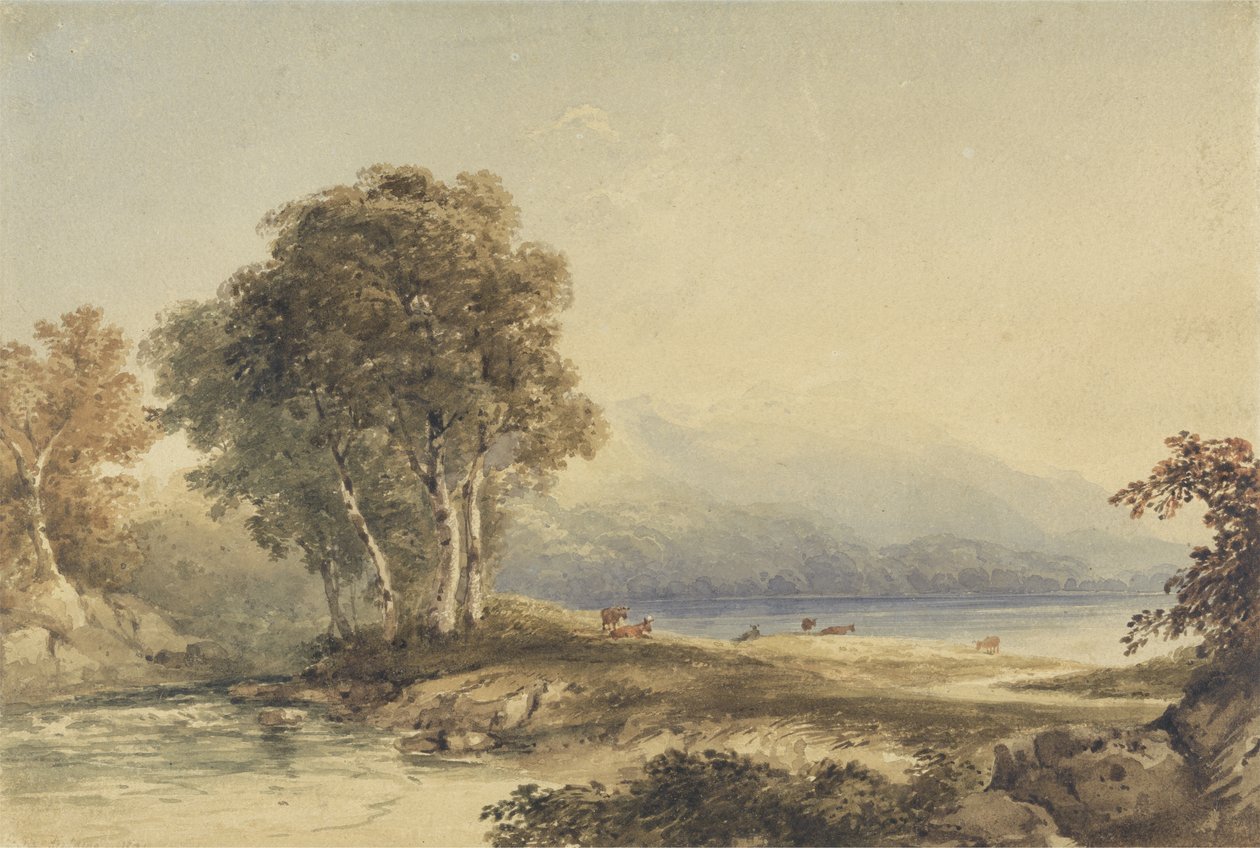 Fjelllandskap med innsjø og bekk (wc over grafitt på vevd papir) av Anthony Vandyke Copley Fielding