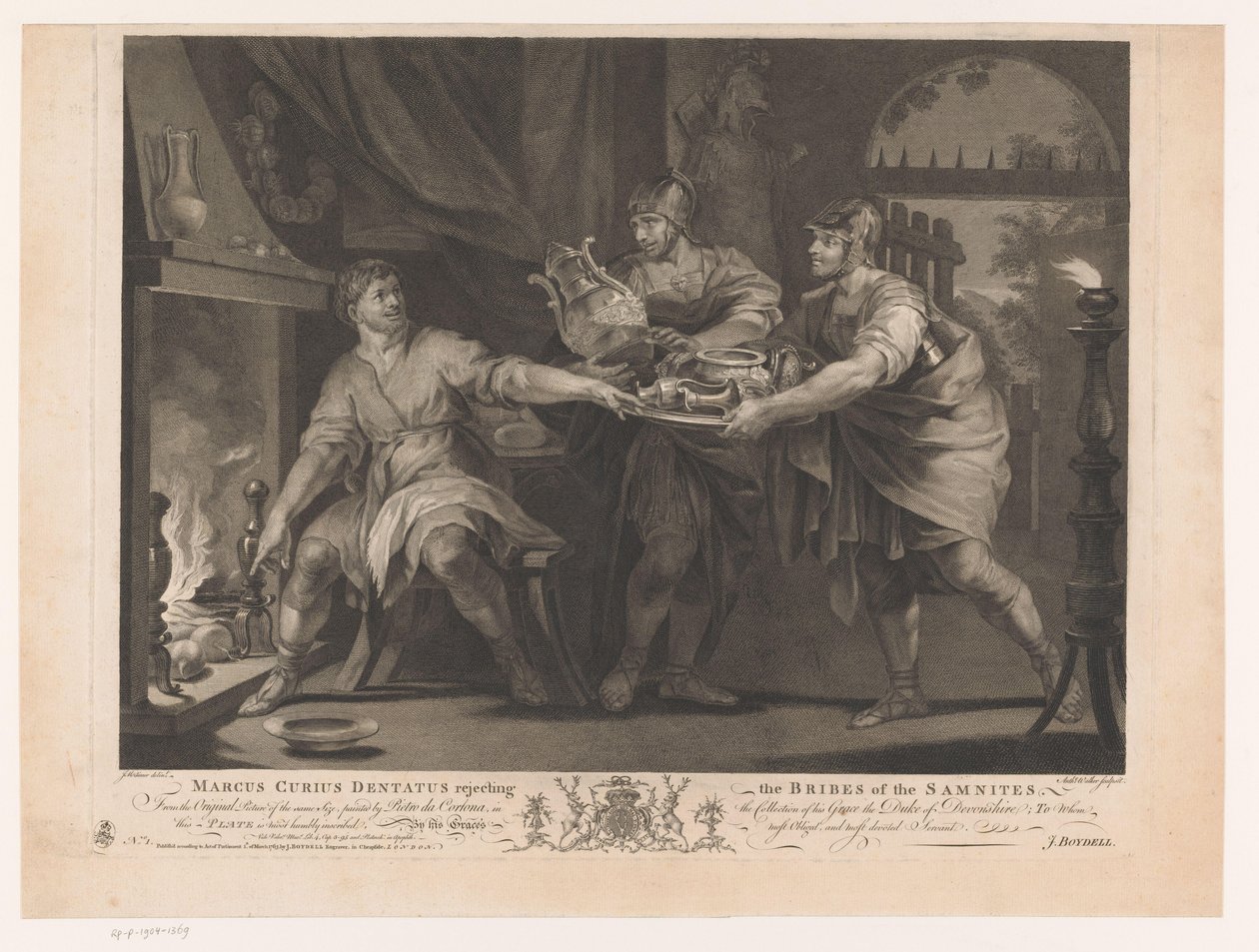 Manius Curius Dentatus avslår gavene til samnittene Marcus Curius Dentatus avviser Samnittenes bestikkelser (tittel på objekt) Malerier fra det syttende århundre fra Devonshire-samlingen (serietittel) av Anthony Walker