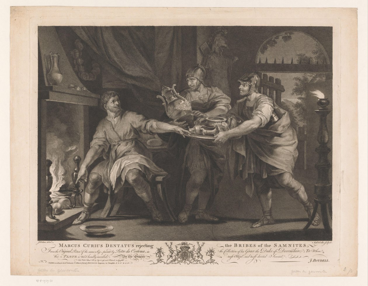 Manius Curius Dentatus avslår gavene til samnittene Marcus Curius Dentatus avviser Samnittenes bestikkelser (tittel på objekt) Malerier fra det syttende århundre fra Devonshire-samlingen (serietittel) av Anthony Walker
