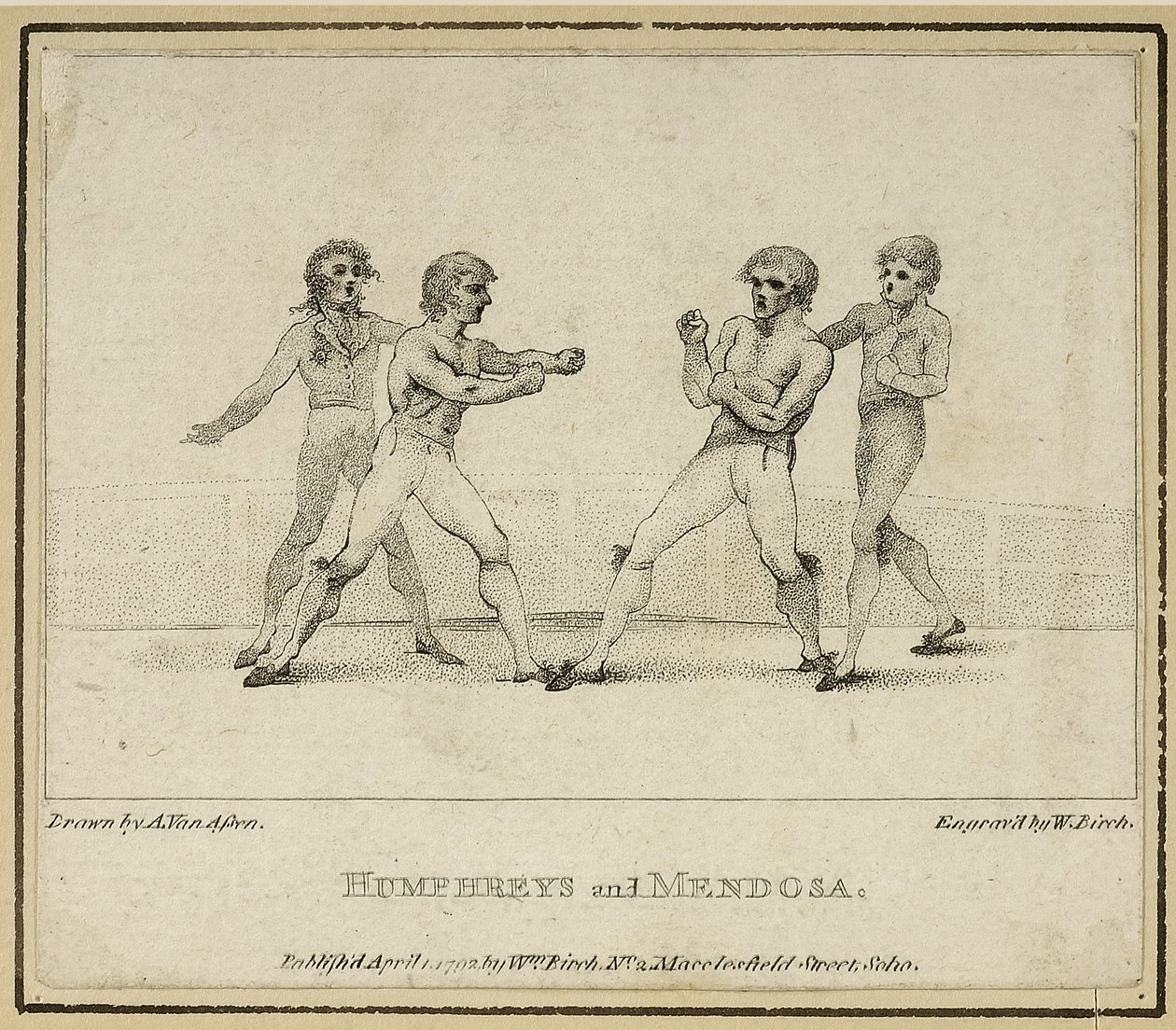 Humphreys og Mendoza, gravert av William Birch, utgitt i 1792 (litho) av Anthony van (after) Assen
