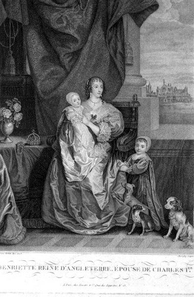 Dronning Henrietta Maria (1609-69) kone til Charles I med to av deres barn, gravert av Henry Bonnefoy (fl.1880-89) (gravering) av Anthony van (after) Dyck