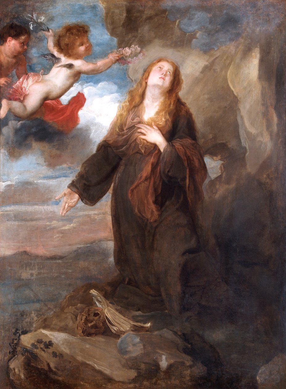 Saint Rosalie kronet med roser av to engler av Anthony van (after) Dyck