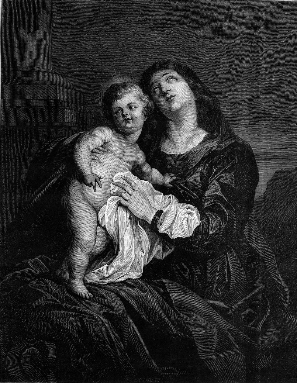 Jomfruen og Jesusbarnet. Gravering etter et maleri av Anton (Antoon eller Anthony) van Dyck (1599-1641). Gravering i "" Le Monde Illustré"" nr. 1239 av 25. desember 1880. av Anthony van (after) Dyck