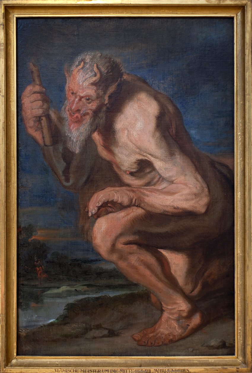 Marsyas kneler med aulos. Maleri tilskrevet Antoine (Antoine eller Antoon eller Anton) Van Dyck (1599-1641), olje på lerret av Anthony van (attr. to) Dyck