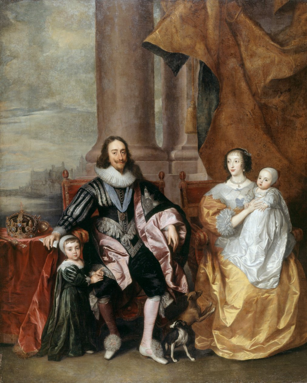 Charles I, dronning Henrietta og to av deres eldste barn (olje på panel) av Anthony van (follower of) Dyck