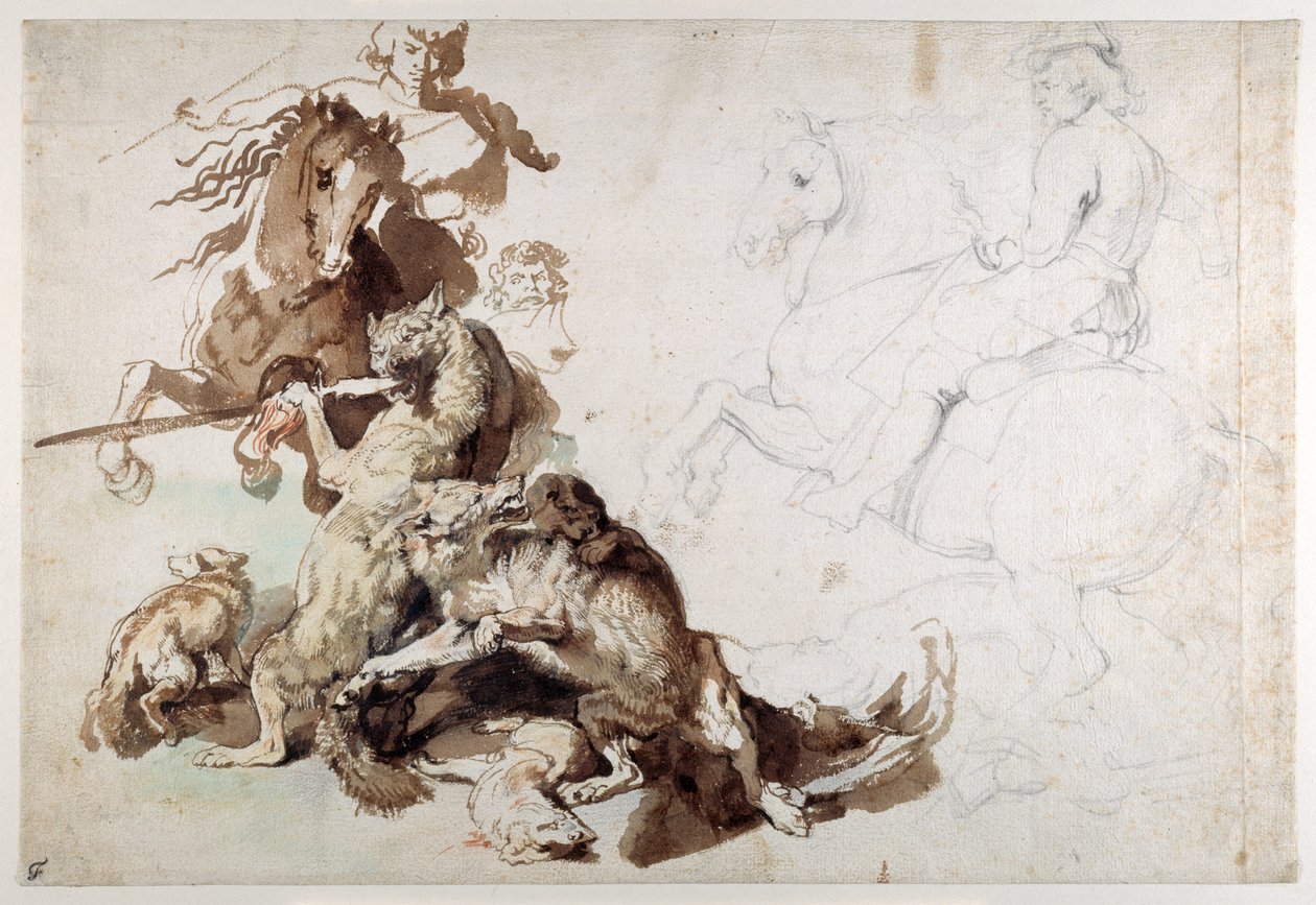 A Wolf and Fox Hunt (The European Hunt) (kritt med vask på papir) av Anthony van Dyck