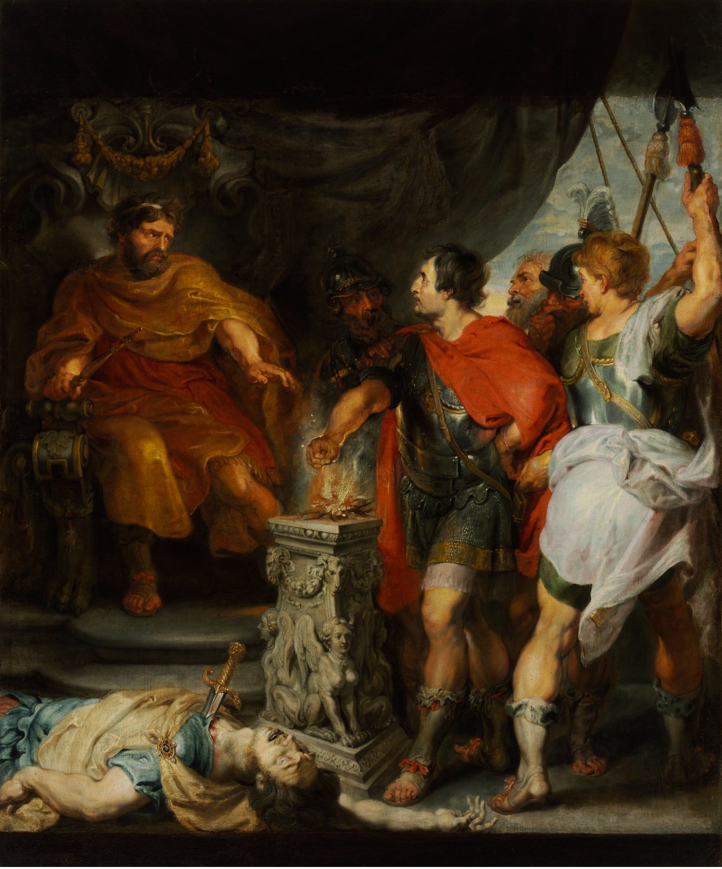 Caius Mucius Scaevola, jeune patricien romain capture par la garde royale de Porsenna (Porsinna, Porsena) av Anthony van Dyck