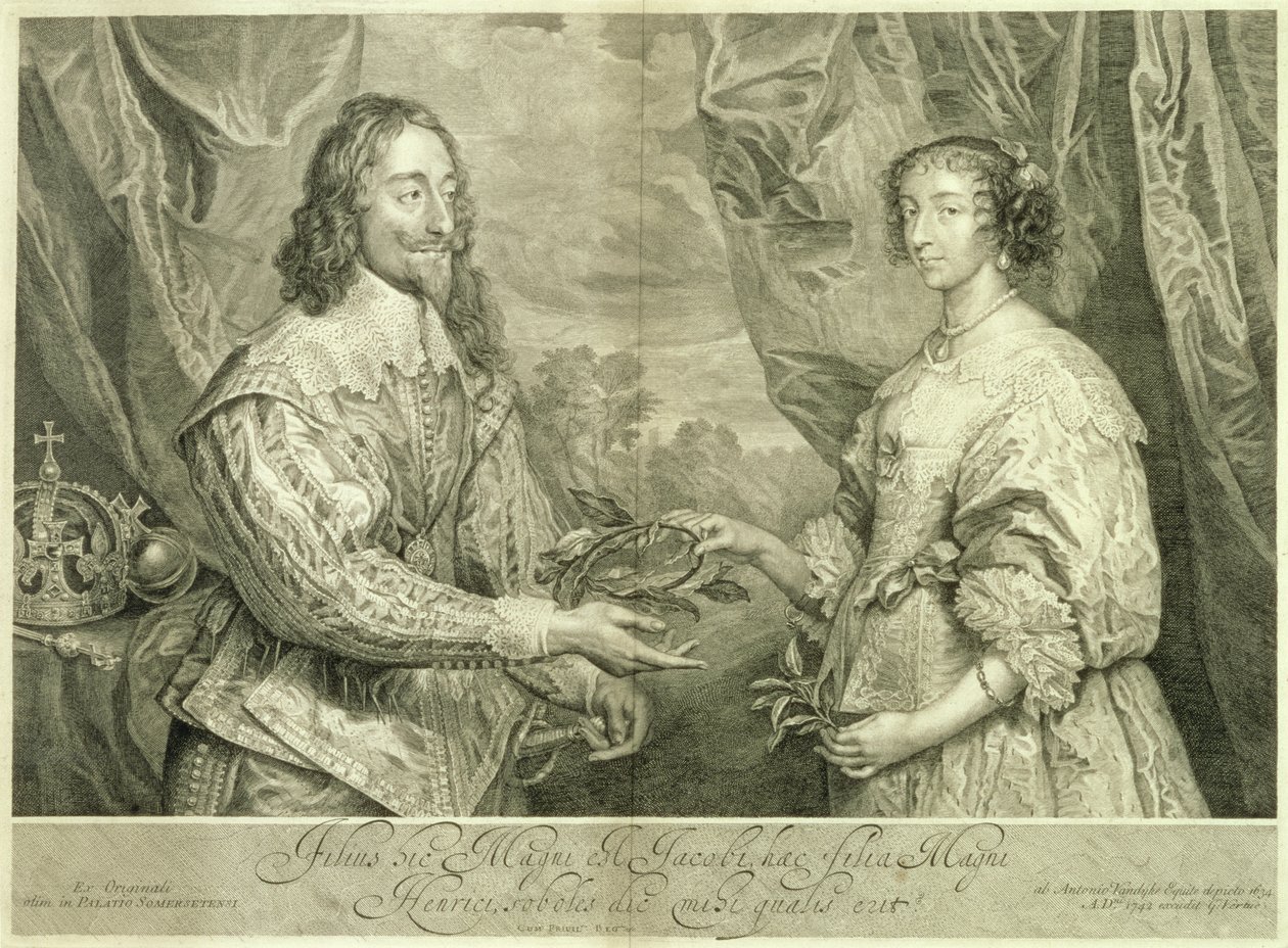 Charles I (1600-49) og Henrietta Maria (1609-69) gravert av George Vertue (1684-1756) etter et maleri fra 1634, 1742 av Anthony van Dyck