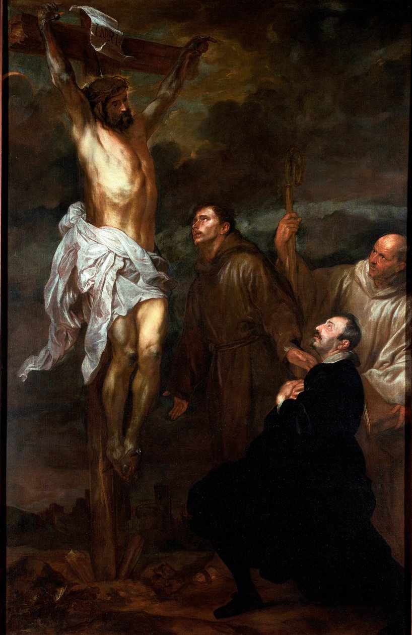 Francesco Orero som tilber krusifikset i nærvær av Saint Francois og Saint Bernard Maleri av Antony Van Dyck (1599-1641) 1624 eller 1627 Dim. 325x210 cm Rapallo, San Michele di Pagana, chiesa di San Michele av Anthony van Dyck