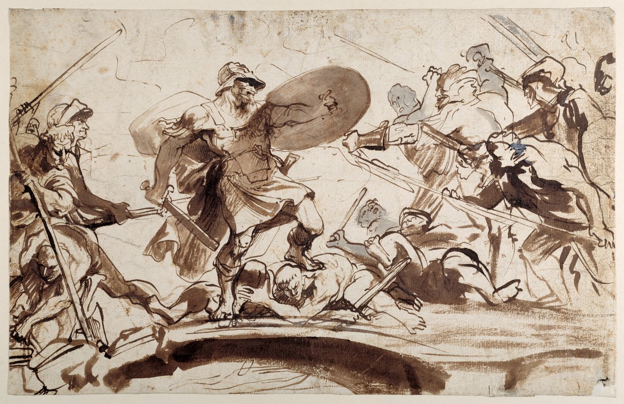 Horatius Cocles forsvarer Tiberbroen (penn og blekk med vask på papir) av Anthony van Dyck