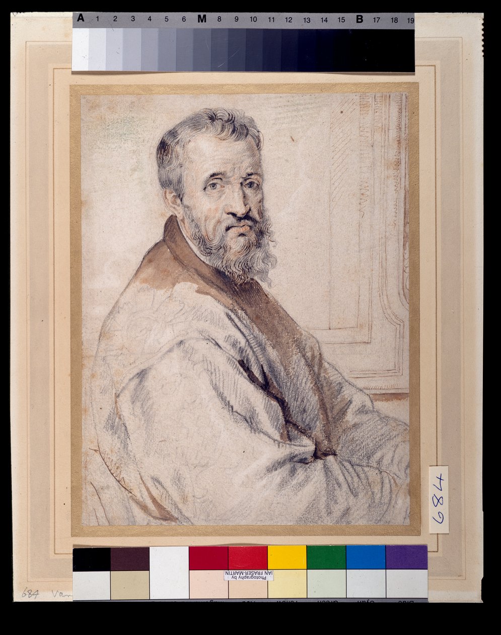 Michelangelo, antas å være etter Bugiardini eller Federico Zuccaro (rødt og svart kritt over penn og blekk med vask på papir) av Anthony van Dyck
