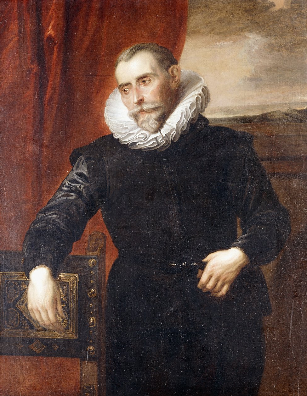 Portrett av Frans Snyders, halvlangt, i svart kostyme, lent på en stol, et landskap bortenfor, av Anthony van Dyck